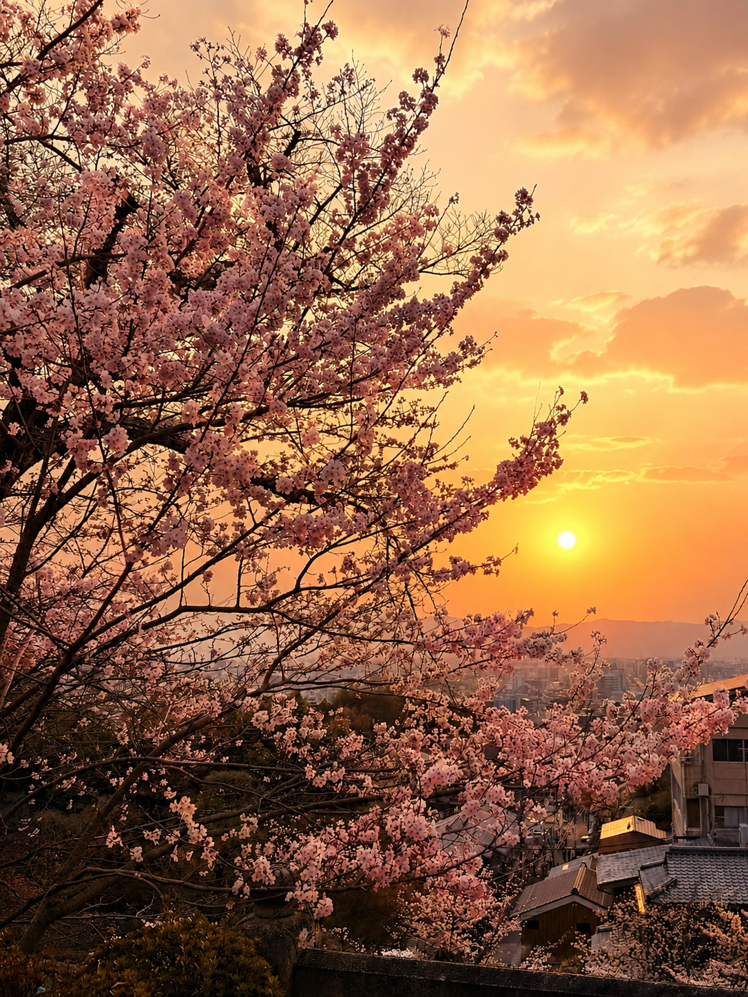 A cherry tree in full bloom against a dramatic orange sunset, Kyoto rooftops below