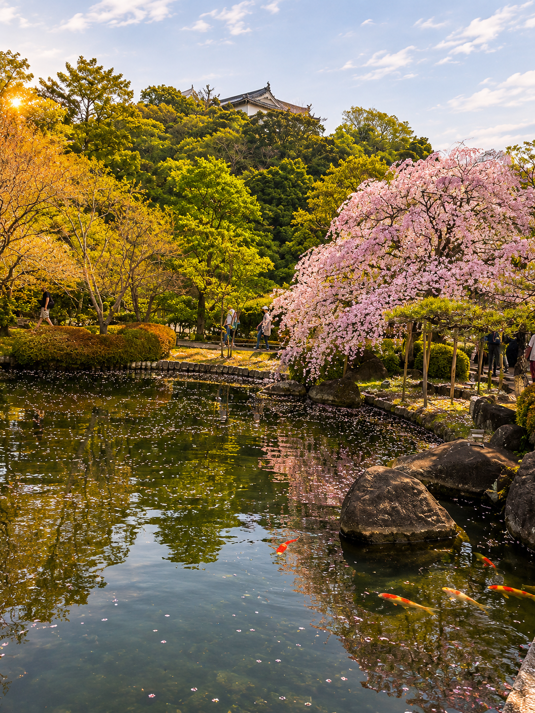 Koko-en garden: koi pond, weeping cherry in bloom, Himeji Castle keep visible behind greenery