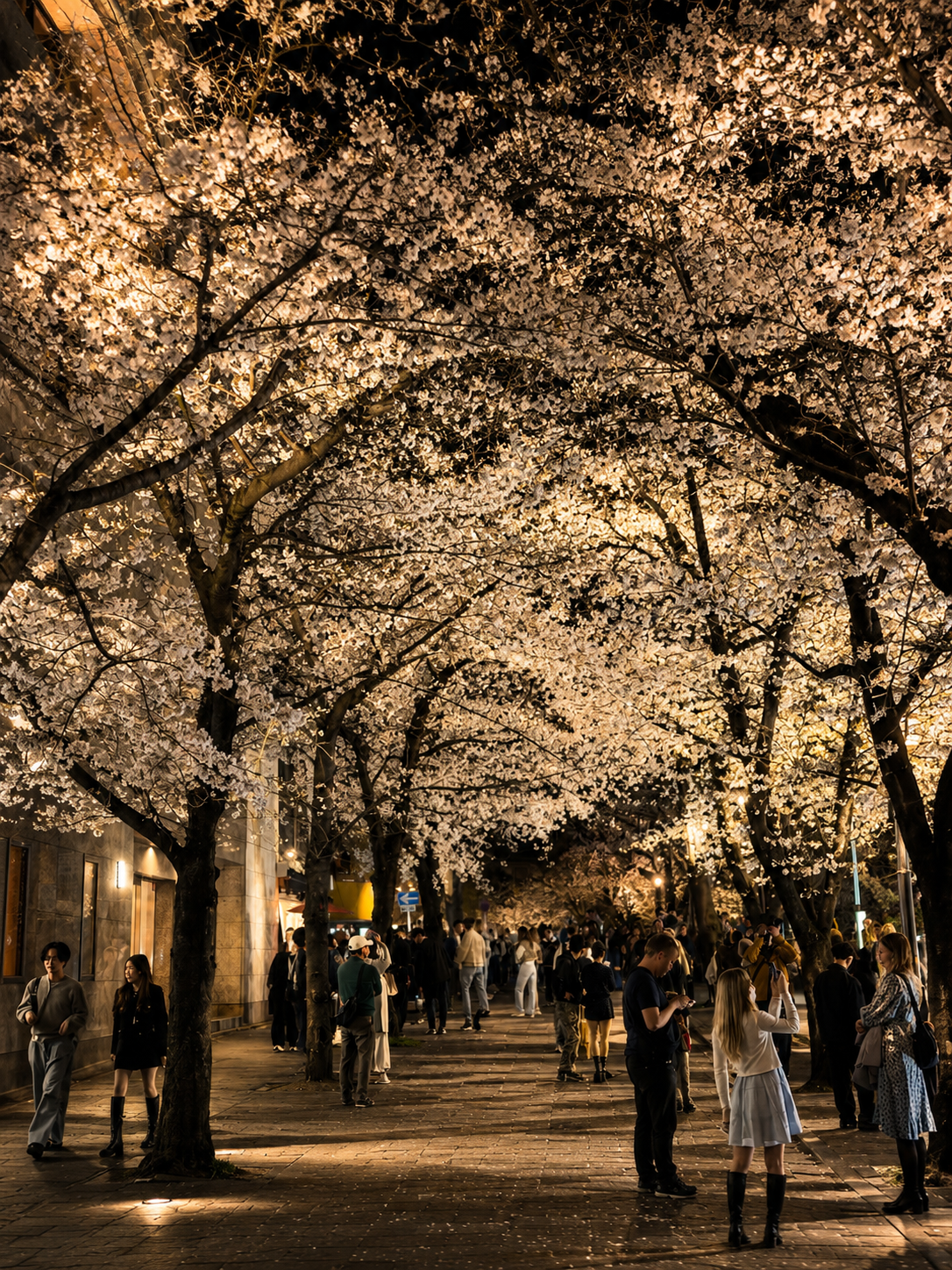 An illuminated night-hanami scene with glowing cherry blossoms over a path, people walking below