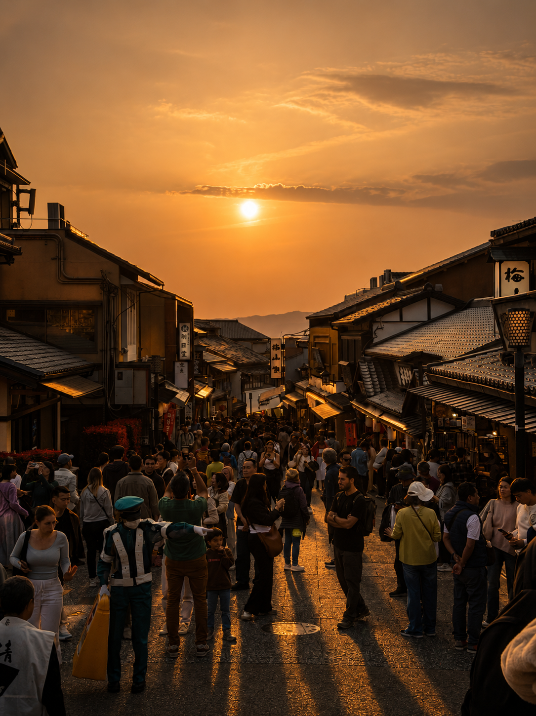 The Sannenzaka slope with long golden shadows and traditional wooden machiya